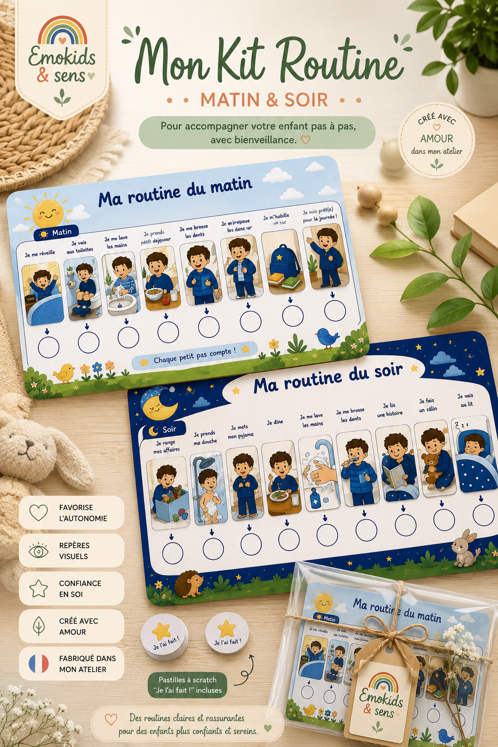 Mon Kit Routine – Matin & Soir | Tableau d’autonomie à scratch