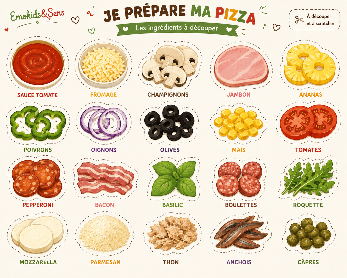 Jeu sensoriel à scratch – Je prépare ma pizza